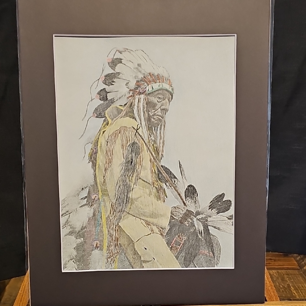 Native American Chief Colored Pencil Print in Black Matting.